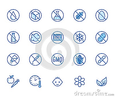 Natural food flat line icons set. Sugar, gluten free, no trans fats, salt, egg, nuts, vegan vector illustrations. Thin Vector Illustration