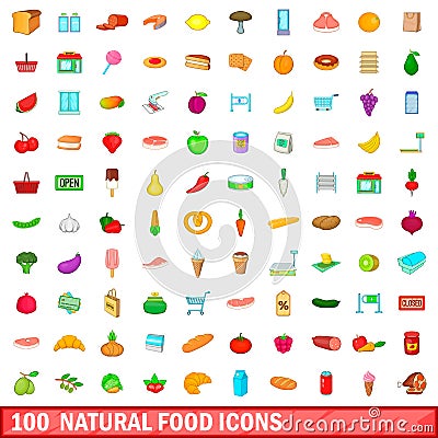 100 natural food icons set, cartoon style Vector Illustration