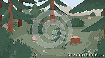 Natural forest landscape vector flat illustration. Wild woods scenery with spruces, stumps, bushes, trees and grass Vector Illustration