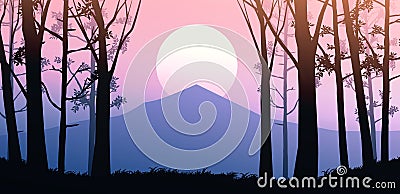 Natural forest mountains horizon hills silhouettes of trees. Sunrise and sunset. Landscape wallpaper. Illustration vector style. Vector Illustration