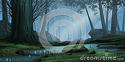 Natural Forest Park. Fiction Backdrop. Concept Art. Realistic Illustration Stock Photo