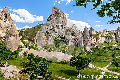 Natural fortress of Uchisar, riddled with man-made dwellings and dovecotes Stock Photo