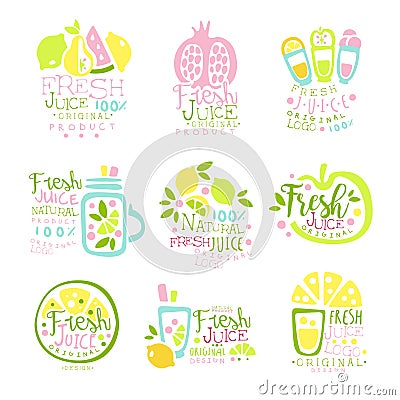 Natural fresh juice product set of logo templates hand drawn colorful vector Illustrations Vector Illustration