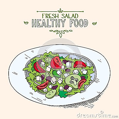 Natural fresh mixed Greek salad with sliced Vector Illustration