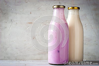 Natural and fruit yogurt in the glass bottle horizontal Stock Photo