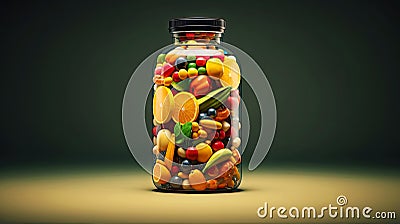 Natural fruits and vegetables in a glass jar, the concept of vitamins and biologically active additives Stock Photo