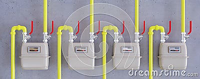 Natural gas meter and yellow pipeline, wall background. Household energy consumption. 3d render Stock Photo