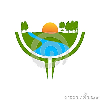 natural green gardening landscaping logo design vector lawn and house illustrations Vector Illustration