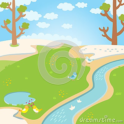 Natural green grass spring background with river, trees, birds and white clouds vector. Vector Illustration