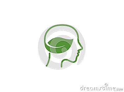 Natural Green Head and bio healthy Brain with leaf for logo design Cartoon Illustration