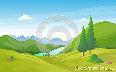 Natural green valley landscape with river and mountain row. Vector Illustration