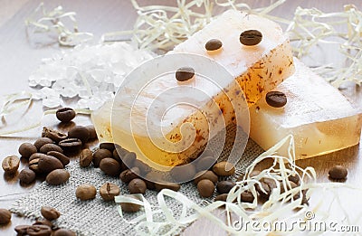 Natural hand-made soap, bath salt and coffee beans Stock Photo