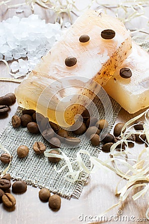 Natural hand-made soap, bath salt and coffee beans Stock Photo