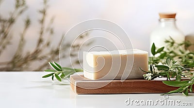 Natural handmade soap on an eco-style background, handmade with herbal ingredients with space for text. Hobby soap making, home Stock Photo