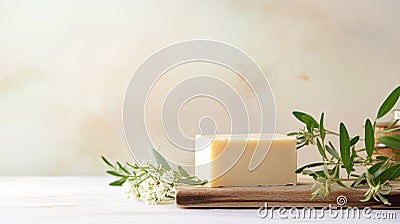 Natural handmade soap on an eco-style background, handmade with herbal ingredients with space for text. Hobby soap making, home Stock Photo