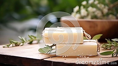 Natural handmade soap on an eco-style background, handmade with herbal ingredients with space for text. Hobby soap making, home Stock Photo