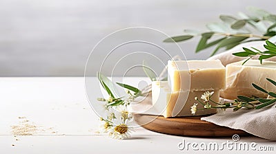 Natural handmade soap on an eco-style background, handmade with herbal ingredients with space for text. Hobby soap making, home Stock Photo