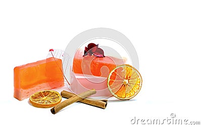 Natural handmade soap, orange and cinnamon. Stock Photo