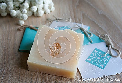 Natural handmade soap with white flowers Stock Photo