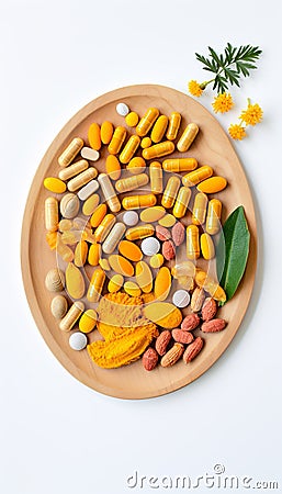 Natural Healing Herbal Medicine Turmeric, Nutritional Turmeric, Pills, in the photo from a top angle Generate AI Stock Photo