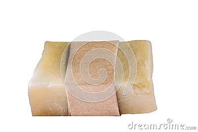 Natural herbal handmade soaps with empty wrapper isolated on white Stock Photo