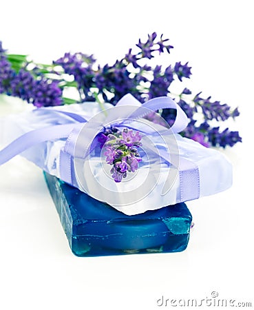 Natural herbal lavender soap with fresh blossoms Stock Photo