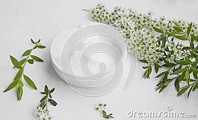 Natural herbal skin cream with white flowers, organic cosmetic s Stock Photo