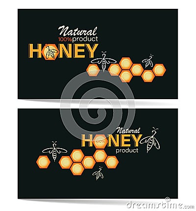 Natural honey. Honeycomb, swarm bees. Business cards, emblem, label. Linear bee logo, honeycomb Vector Illustration