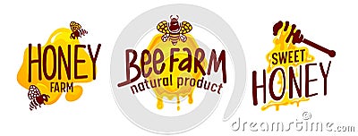 Natural Honey Production Labels or Icons Set Isolated on White Background. Bees Flying around of Sweet Beekeeping Eco Vector Illustration