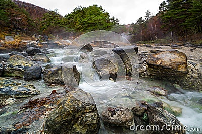 Natural Hot spring river in Japan Stock Photo