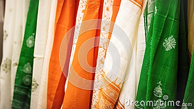 Natural Indian fabrics in bright colors orange, white, green for tailoring traditional festive clothes. Concept Stock Photo