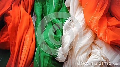 Natural Indian fabrics in bright colors orange, white, green for tailoring traditional festive clothes. Concept Stock Photo