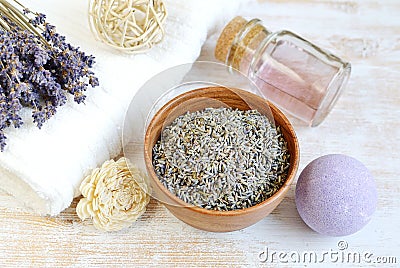 Natural Ingredients for Homemade Body Foot Face Lavender Salt Scrub Stock Photo