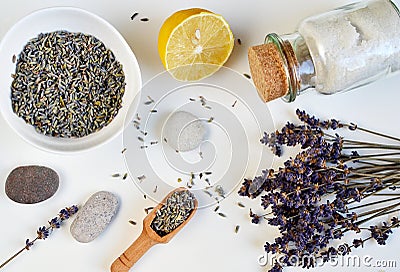 Natural Ingredients for Homemade Body Lavender Salt Scrub Stock Photo