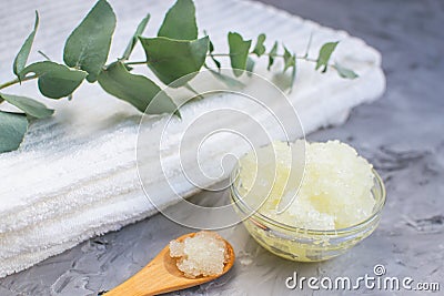 Natural Ingredients Homemade Body Sea Salt Scrub with Olive Oil Stock Photo