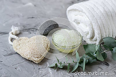 Natural Ingredients Homemade Body Sea Salt Scrub with Olive Oil White Towel Beauty Concept Skincare Stock Photo