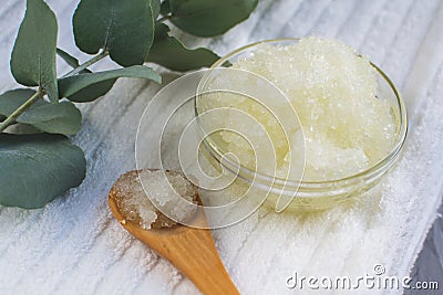 Natural Ingredients Homemade Body Sea Salt Scrub with Olive Oil Stock Photo