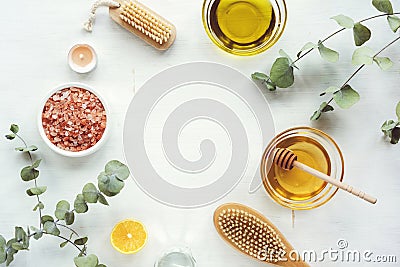 Natural ingredients for homemade scrub. Oil, honey, pink himalayan salt, face or body brush, lemon and eucalyptus Stock Photo