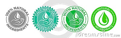 Natural ingredients product icon, green organic bio vector logo with hand and water drop. 100 percent only natural ingredients Vector Illustration
