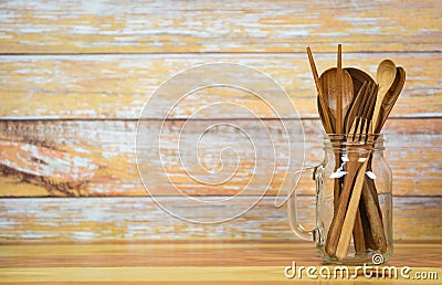 Natural kitchen tools wood products / Kitchen utensils background with spoon fork chopsticks object utensil wooden concept Stock Photo