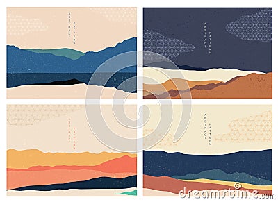 Natural landscape background with Japanese pattern vector. Mountain forest template with geometric elements. Abstract arts wallpap Cartoon Illustration