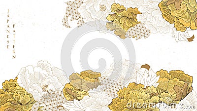 Natural landscape background with Japanese pattern vector. Peony flower template with gold texture. Chinese arts wide wallpaper in Vector Illustration