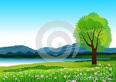 Natural landscape with blue sky, mountains in background and green and flowery meadows. Illustration. Stock Photo