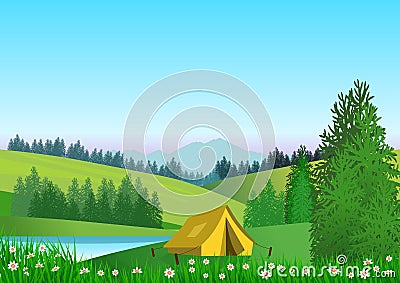 Natural landscape with blue sky, mountains in background, green hills, trees and foreground a camping tent next to a lake. Illustr Stock Photo