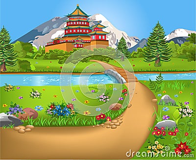 Natural landscape with a Chinese temple in the middle, a river and a bridge and a path Stock Photo