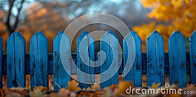 Natural landscape with electric blue picket fence and trees in background Stock Photo