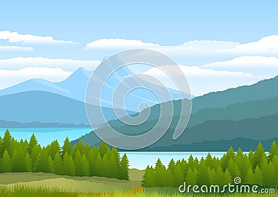 Natural landscape with mountains, coniferous forest, pine trees and a river meandering. Illustration. Stock Photo