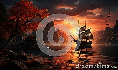 Natural landscape, sailing frigate at sunset, dawn. Stock Photo