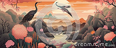 Pink natural landscape with two cranes flying on beautiufl lotuses. Generative AI Stock Photo