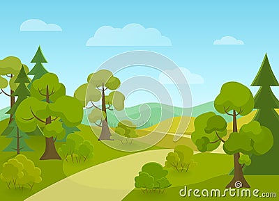 Natural landscape with village road and trees. Cartoon vector illustration. Vector Illustration